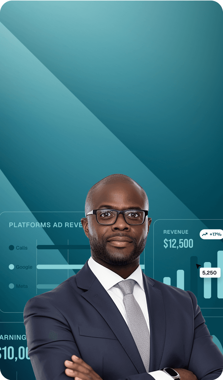 Blue banner with metrics and employee