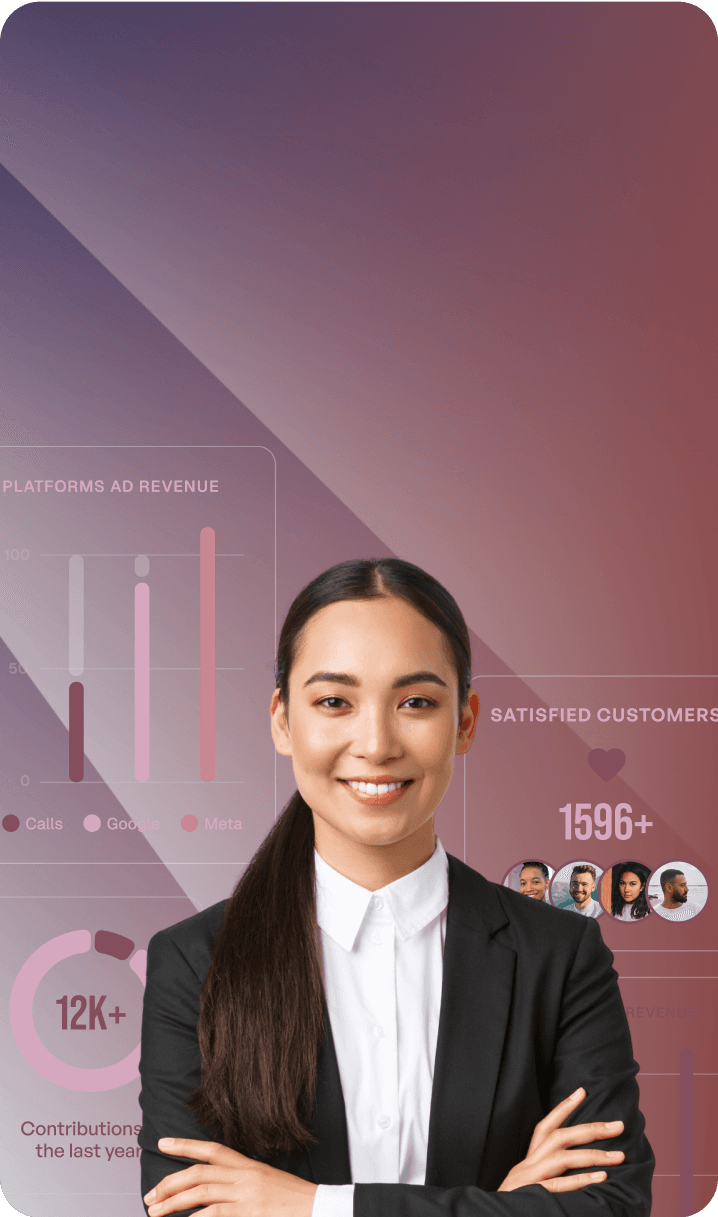 Blue banner with metrics and employee