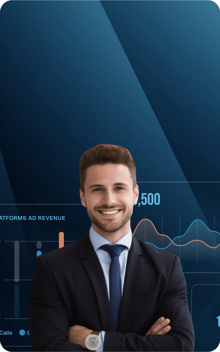 Blue banner with metrics and employee